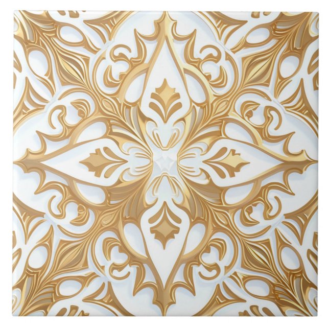 White and Gold Floral Scrollwork Pattern Tile (The complete ceramic tile design. Tiles sold individually.)