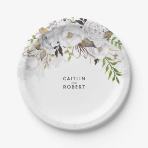 White and Gold Floral Watercolor Wedding Paper Plate