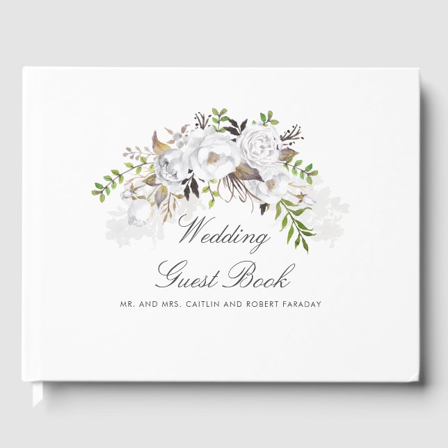White and Gold Floral Wedding Guest Book (Front)