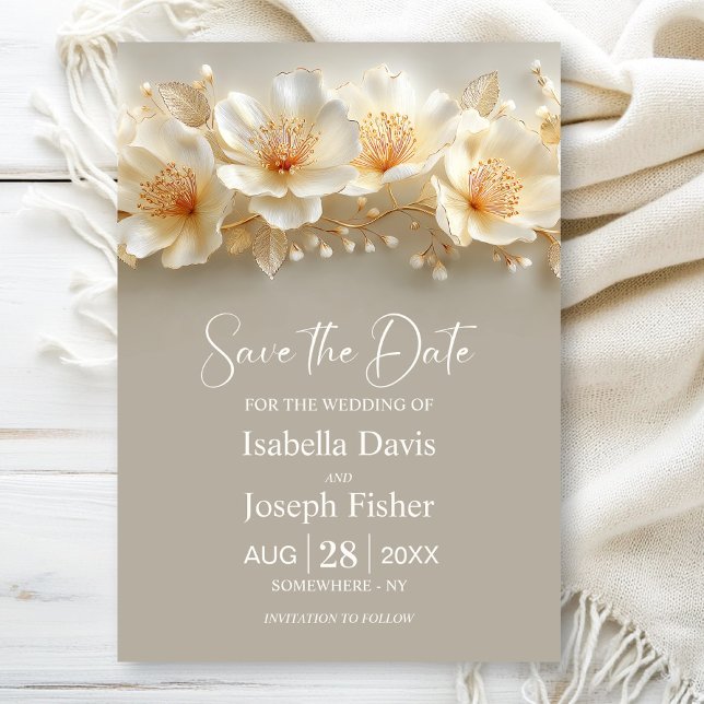 White and Gold Floral Wedding Save the Date Invitation (Creator Uploaded)