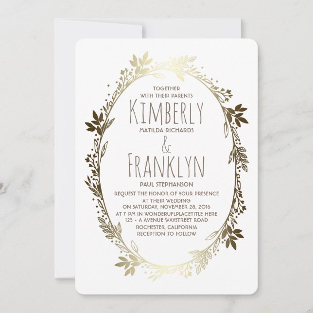 White and Gold Floral Wreath Wedding Invitation (Front)