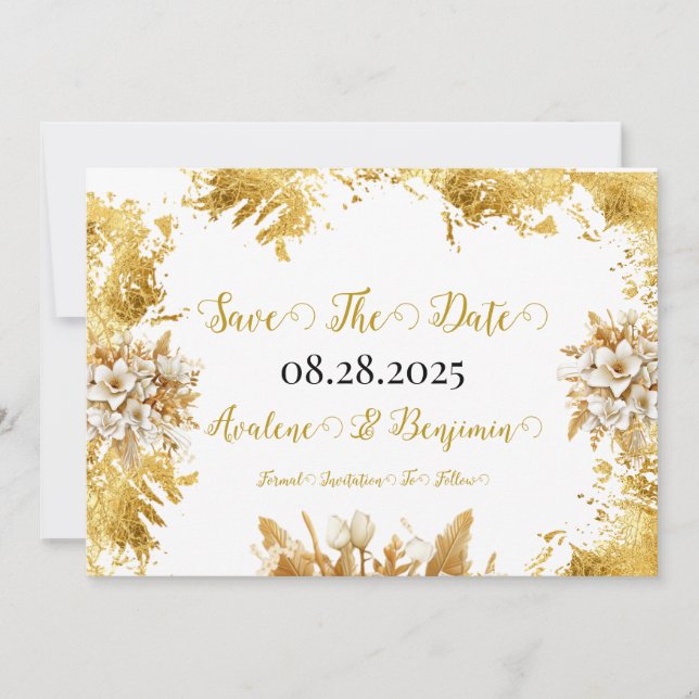 White and Gold Florals Wedding Save The Date Cards (Front)