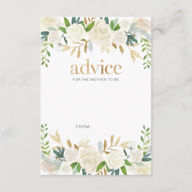 White and gold flowers baby shower advice cards (Front)