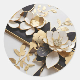 White and Gold Flowers Classic Round Sticker