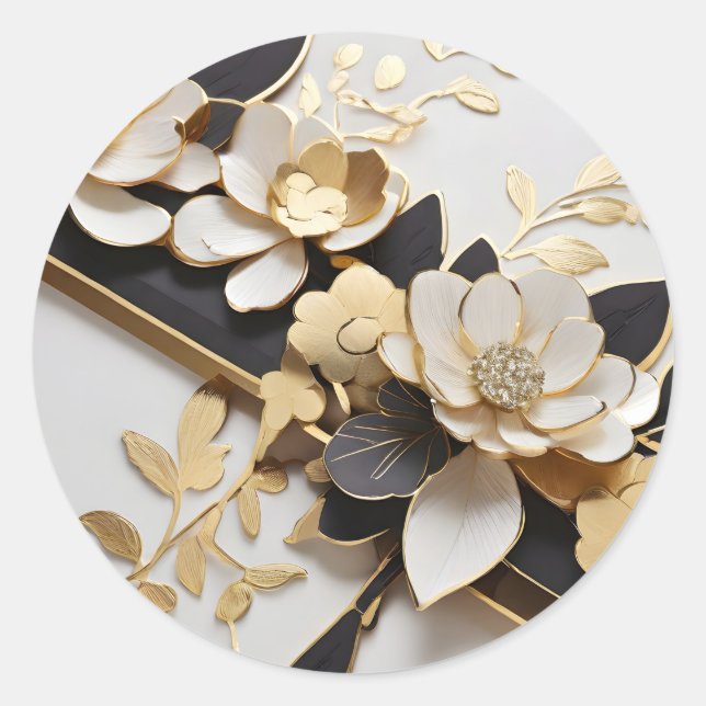 White and Gold Flowers Classic Round Sticker (Front)
