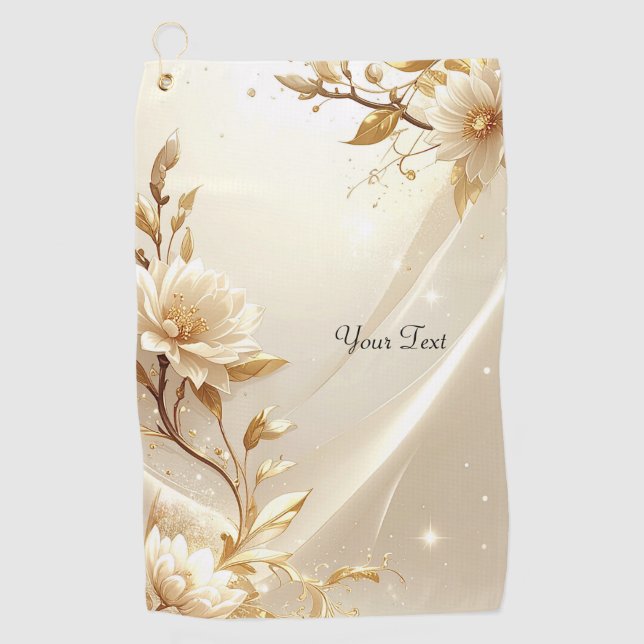 White and Gold Flowers Golf Towel (Front)