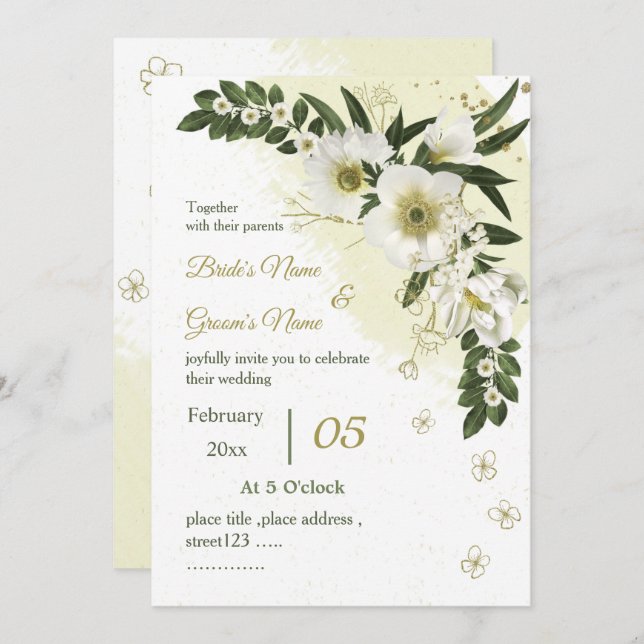 white and gold flowers greenery wedding invitation (Front/Back)