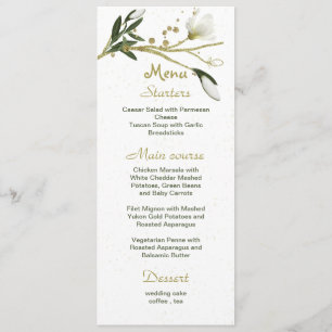 white and gold flowers greenery wedding menu