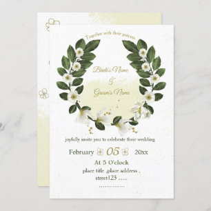 white and gold flowers greenery wreath wedding invitation
