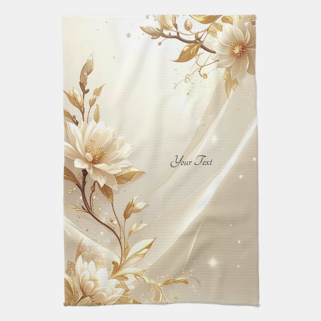 White and Gold Flowers Kitchen Towel (Vertical)