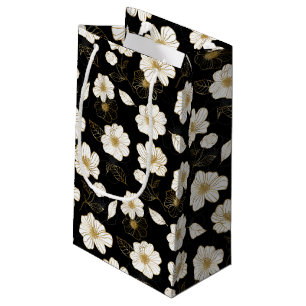 White and Gold Flowers on Black Small Gift Bag