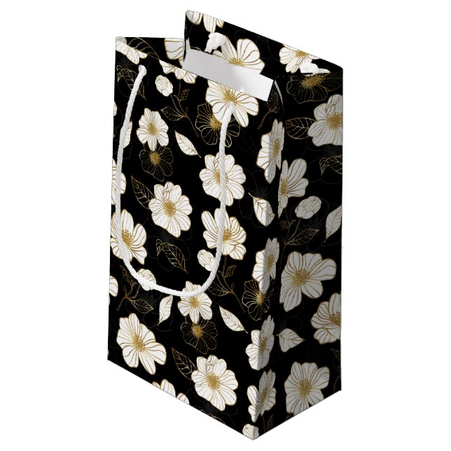 White and Gold Flowers on Black Small Gift Bag (Back Angled)