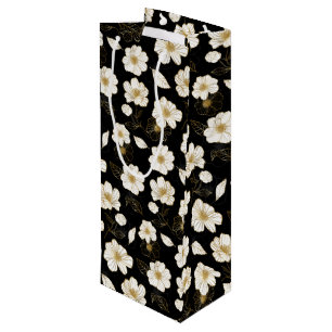 White and Gold Flowers on Black Wine Gift Bag