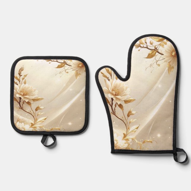 White and Gold Flowers Oven Mitt & Pot Holder Set (Front)