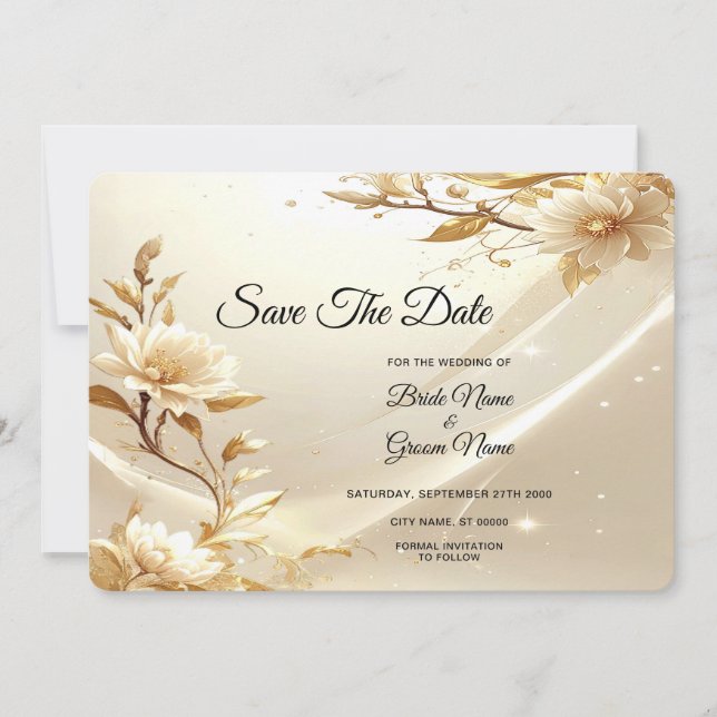 White and Gold Flowers Save The Date (Front)