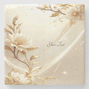 White and Gold Flowers Stone Coaster