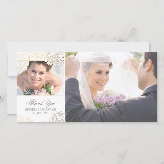 White and Gold Flowers Wedding Photo Cards (Front)