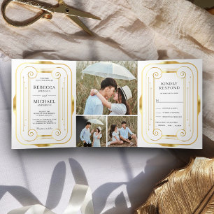White and Gold Foil Art Deco Photo Collage Wedding Tri-Fold Invitation