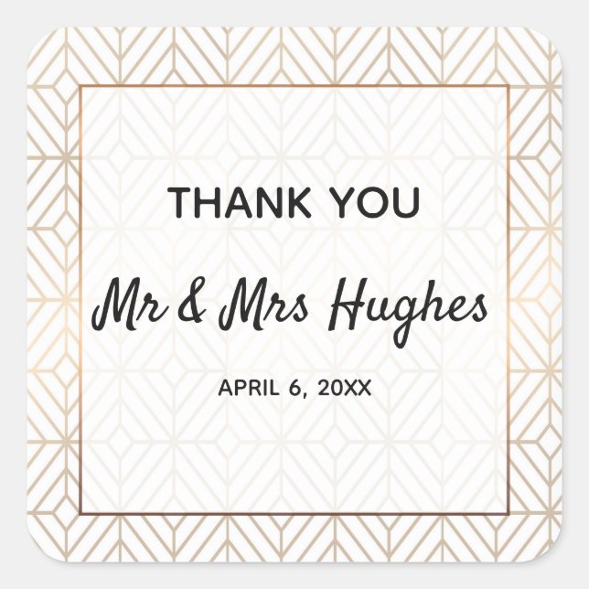 White and gold foil geometric wedding square sticker (Front)