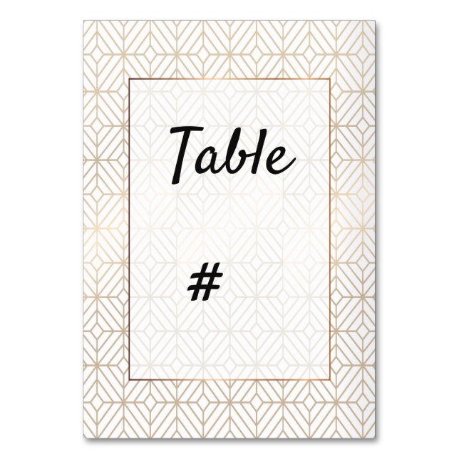 White and gold foil geometric wedding table number (Front)