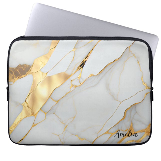 White and Gold Foil Marble Agate Laptop Sleeve (Front)