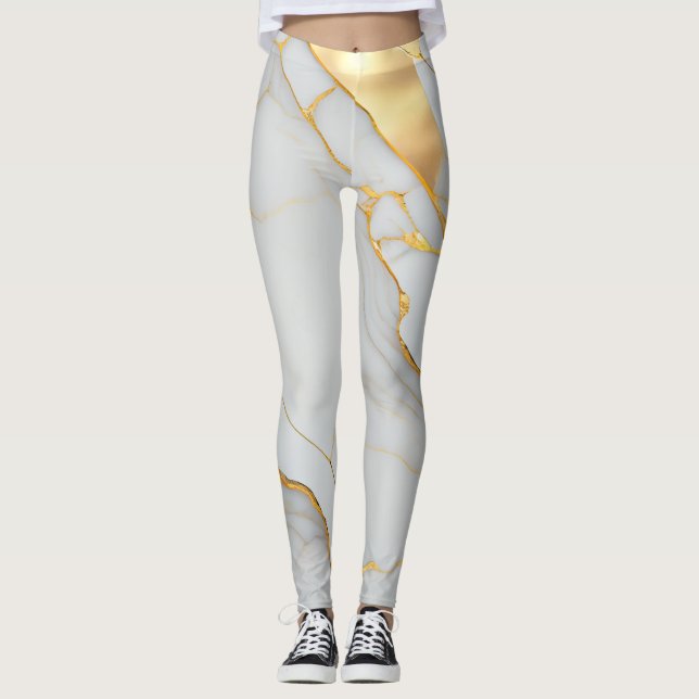  White and Gold Foil Marble Agate Leggings (Front)