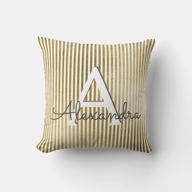 White and Gold Foil Striped Monogram & Initial Cushion (Front)