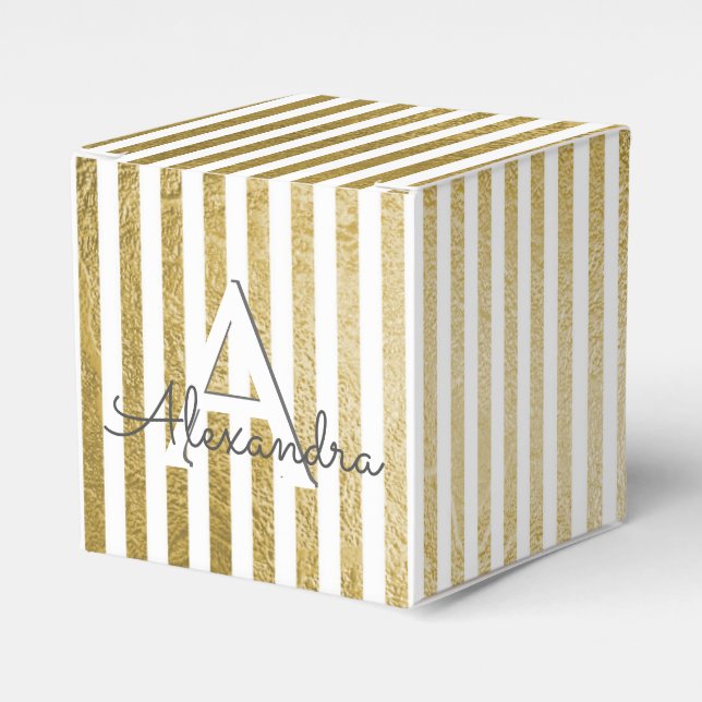 White and Gold Foil Striped Monogram & Initial Favour Box (Front Side)