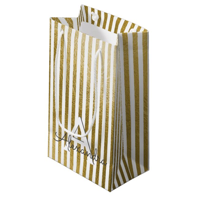 White and Gold Foil Striped Monogram & Initial Small Gift Bag (Front Angled)