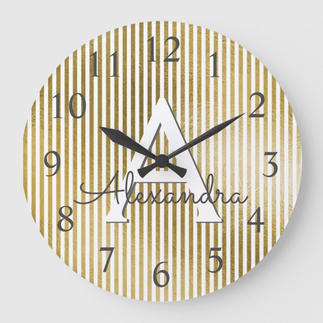 White and Gold Foil Striped Monogram Large Clock (Front)
