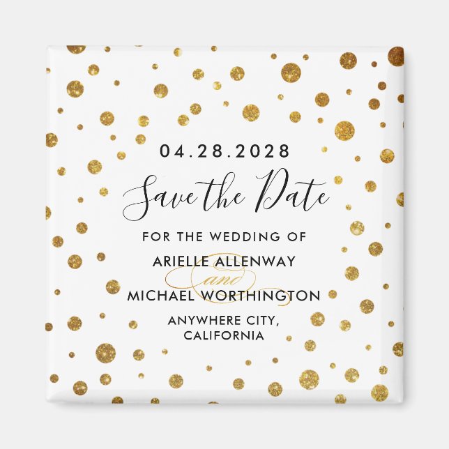 White and Gold Foil Wedding Save the Date Magnets (Front)
