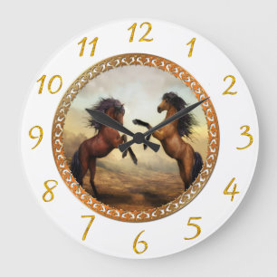 White and gold frame horses  Large Clock