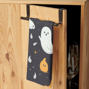 White and Gold Ghosts Stars Black Halloween Tea Towel