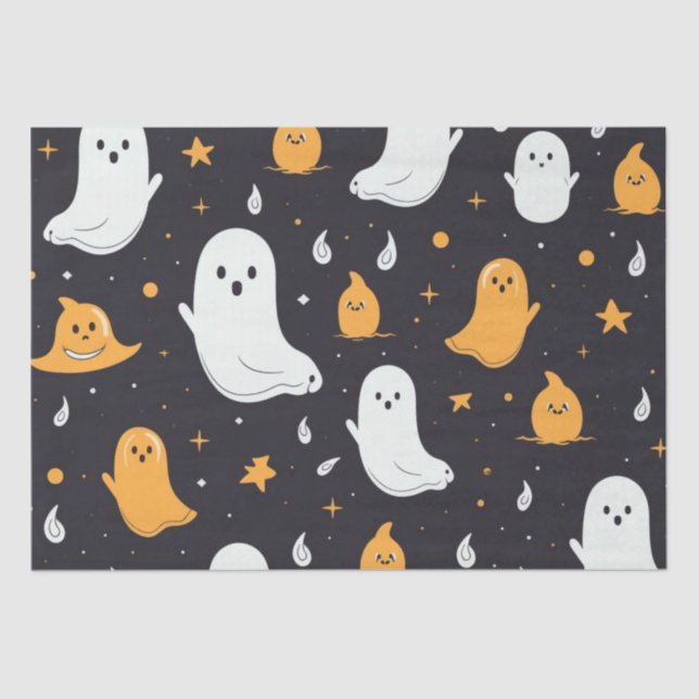 White and Gold Ghosts Stars Black Halloween Tissue Paper (Front)