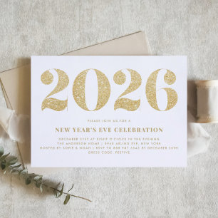 White and Gold Glitter 2024 New Year's Eve Party Invitation