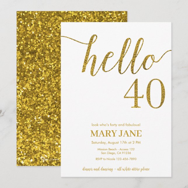 White and Gold Glitter 40th Birthday Invitation (Front/Back)