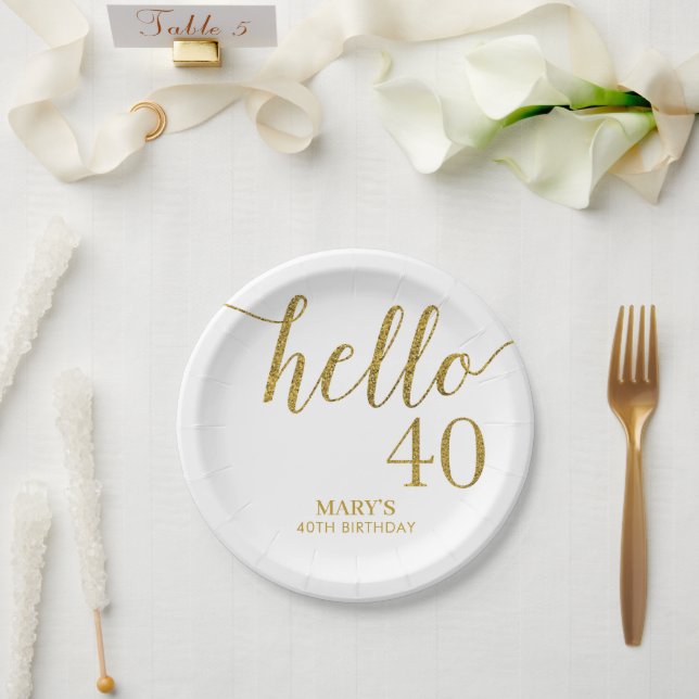 White and Gold Glitter 40th Birthday Paper Plate (Wedding)