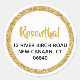 White and Gold Glitter Address Classic Round Sticker