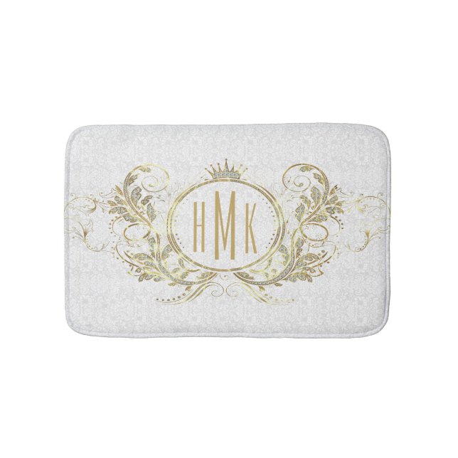 White And Gold Glitter Girly Floral Frame Bath Mat (Front)