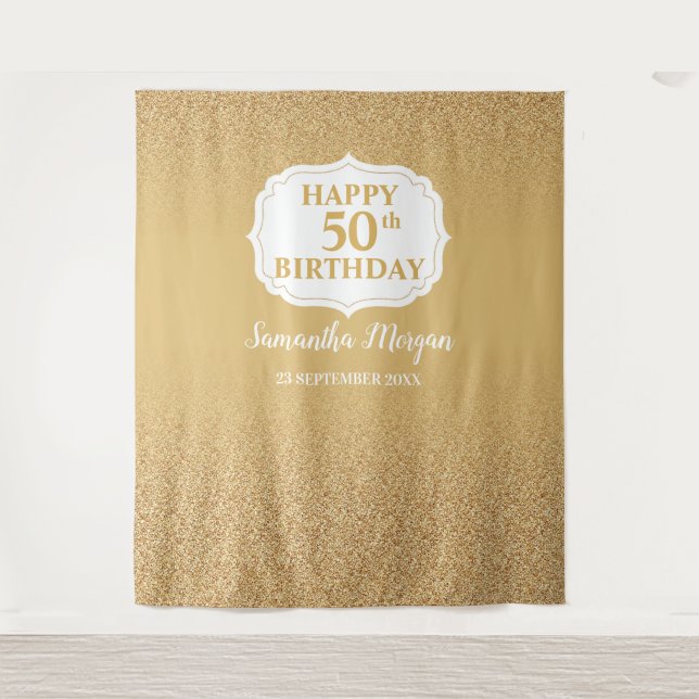 White and gold glitter ombre birthday backdrop tapestry (Front)