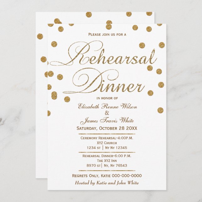 white and gold glitter rehearsal dinner invites (Front/Back)