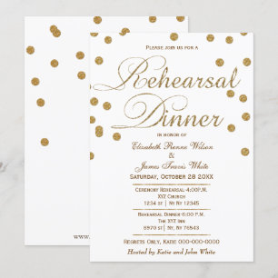 white and gold glitter rehearsal dinner invites