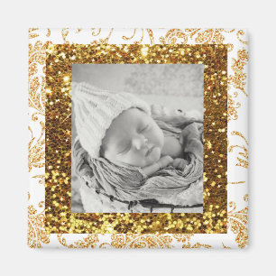 White and Gold Glittery Baby Photo Magnet