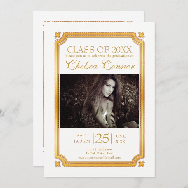 White and Gold 🎓 Graduation Invitation (Front/Back)