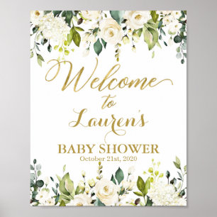 White and Gold Greenery Baby Shower welcome sign
