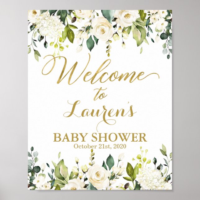 White and Gold Greenery Baby Shower welcome sign (Front)