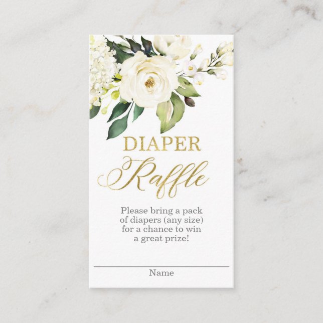 White and gold greenery Diaper Raffle Enclosure Card (Front)