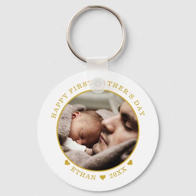 White And Gold Happy First Father's Day Photo     Key Ring (Front)