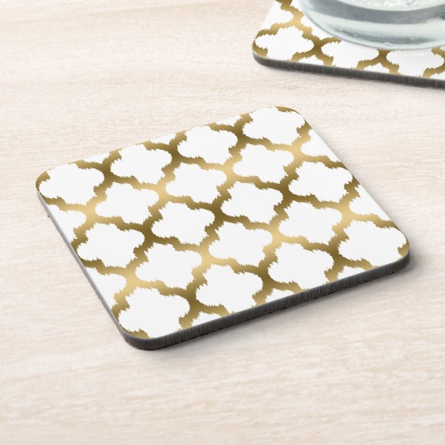 White And Gold Ikat Quatrefoil Pattern Coaster (Left Side)