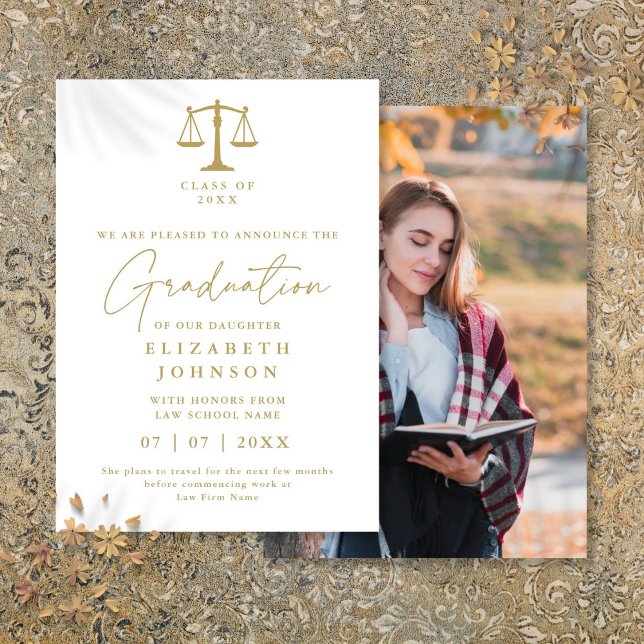 White And Gold Law Graduation Photo Announcement (White And Gold Law Graduation Photo Announcement)